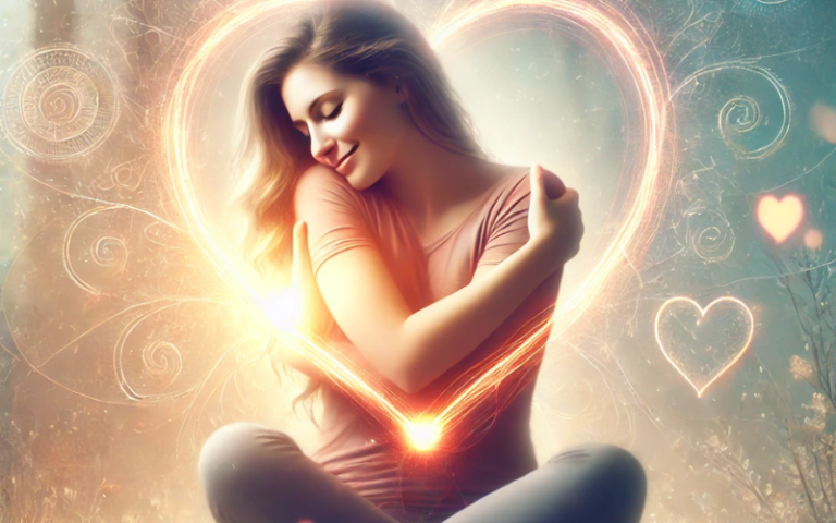 Brené Brown: Image of a woman hugging herself. Surrounded by glowing hearts. Showing love, kindness, compassion.