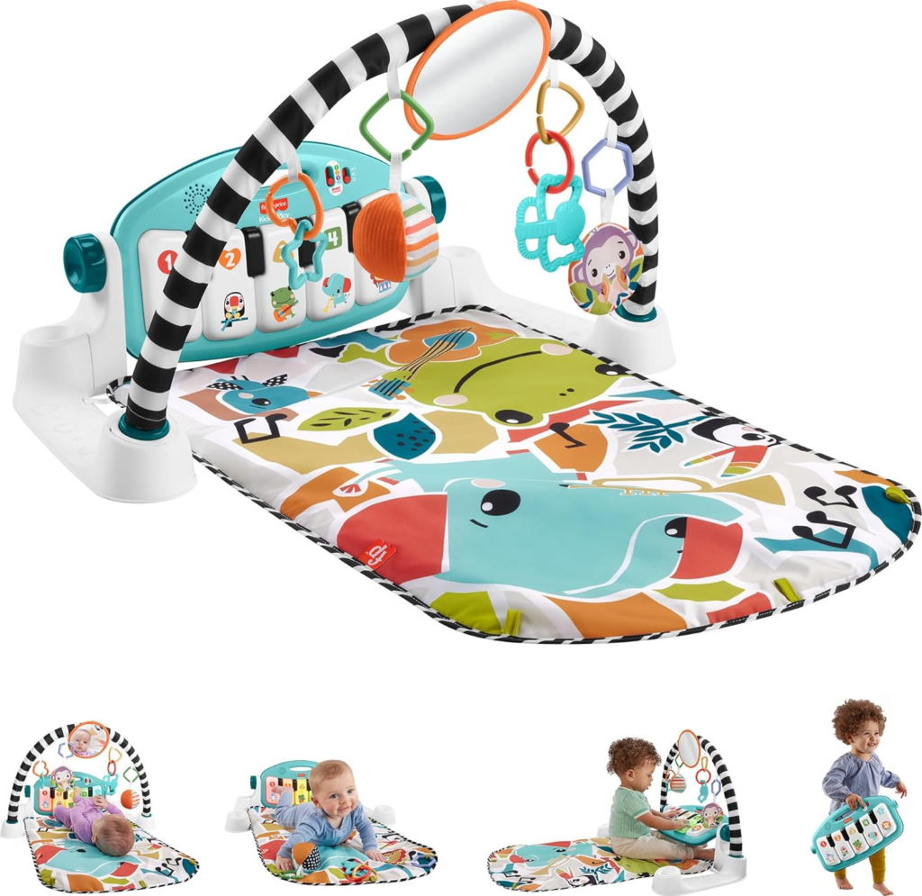 Baby Activity Mat, Play Mat, Play gym: image of a convertible play gym in different configurations to show its adaptability. The images show baby using the play mat during new born stage, tummy time, sitting up, and toddler time.