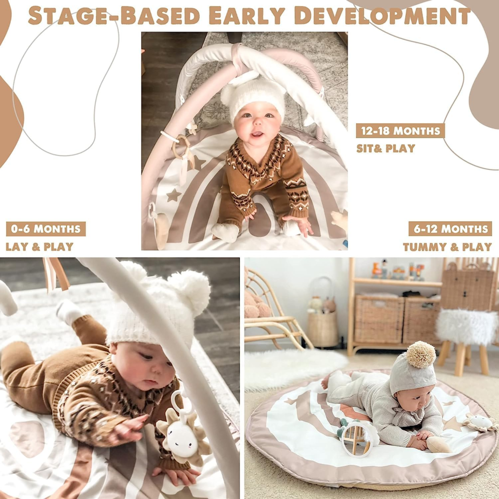 Wooden Baby Play Gym: Show an image of a baby sitting up in a play gym, interacting with multiple toys and features.