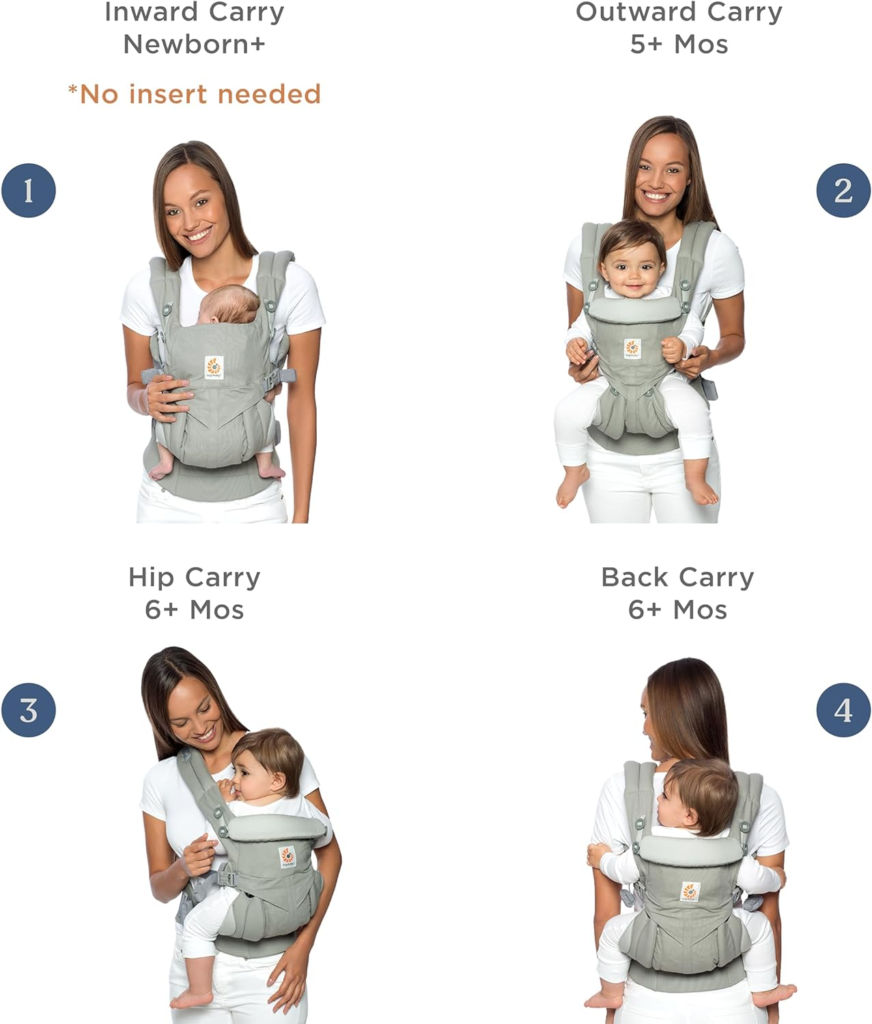 Baby Carriers: Ergobaby carrier being used in different carrying positions.