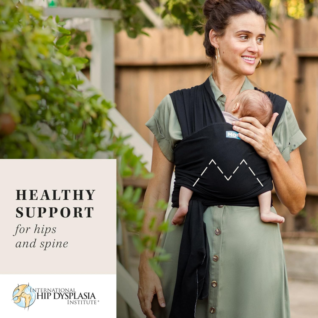 Add Image: Illustrate the "M" position with a baby seated in a carrier, showing proper hip and spine alignment.