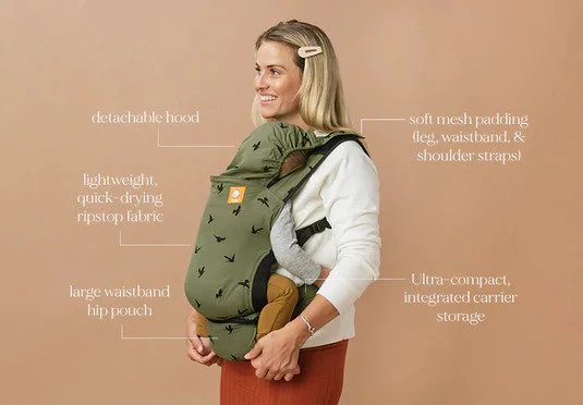 Image of a baby carrier with its carrying pouch or built-in storage bag.